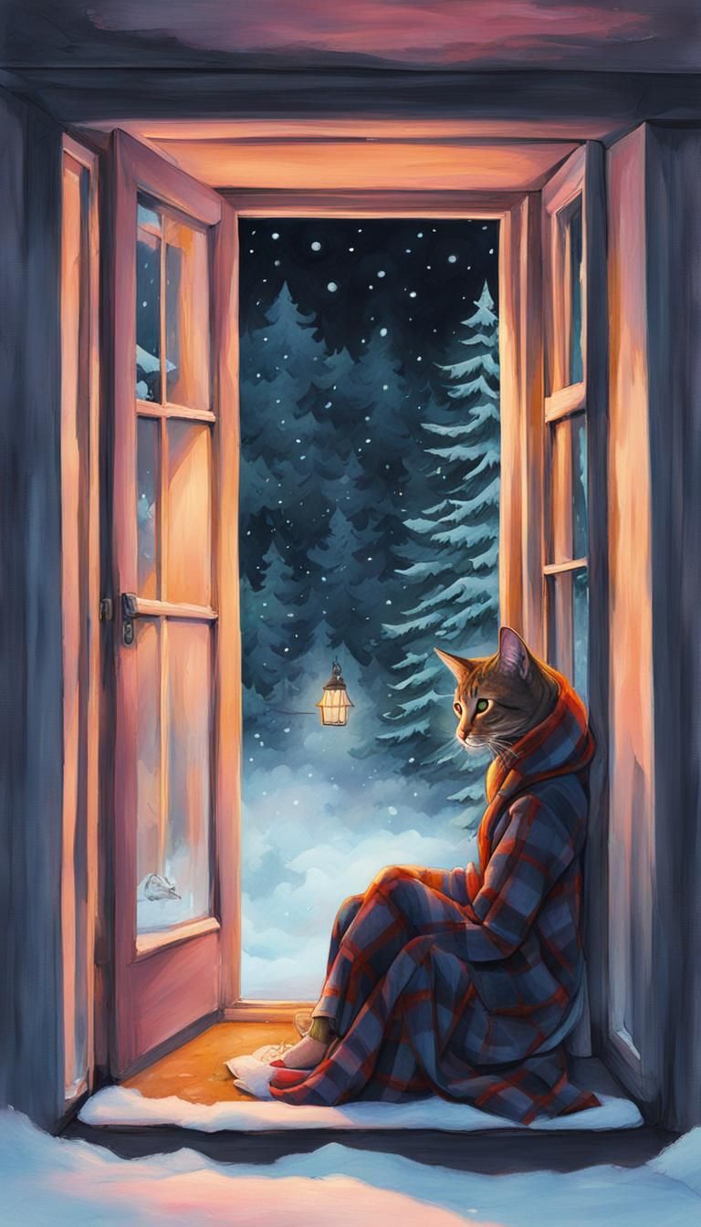 Girl and Cat on Porch at Night