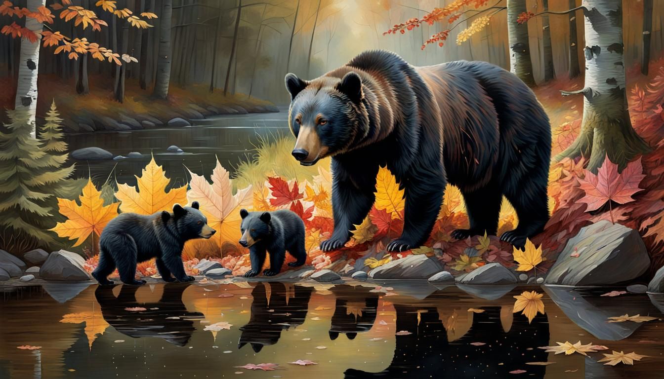 Black Bear Cubs Play in Autumn Leaves