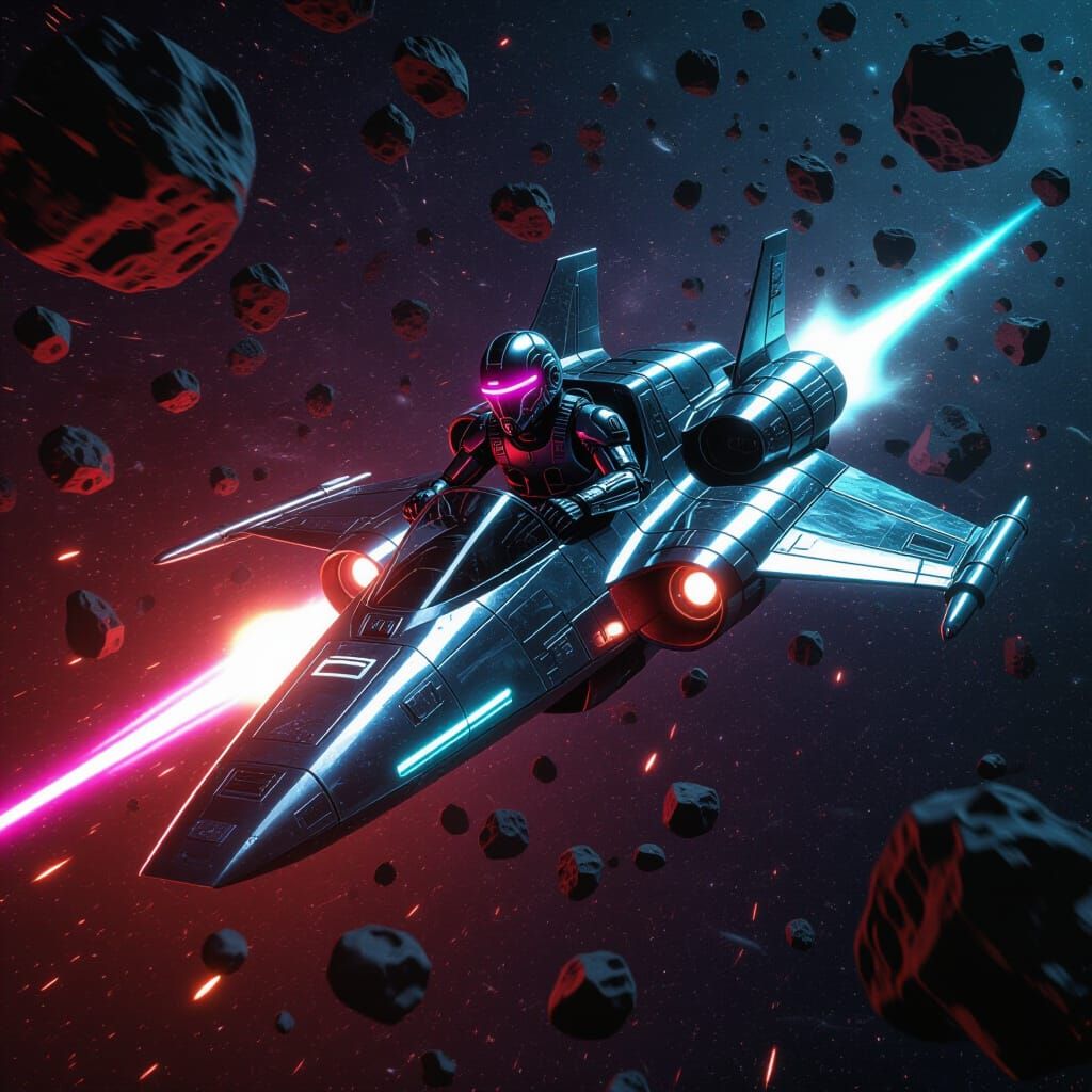 Cyborg Pilot Soaring Through Asteroid Field