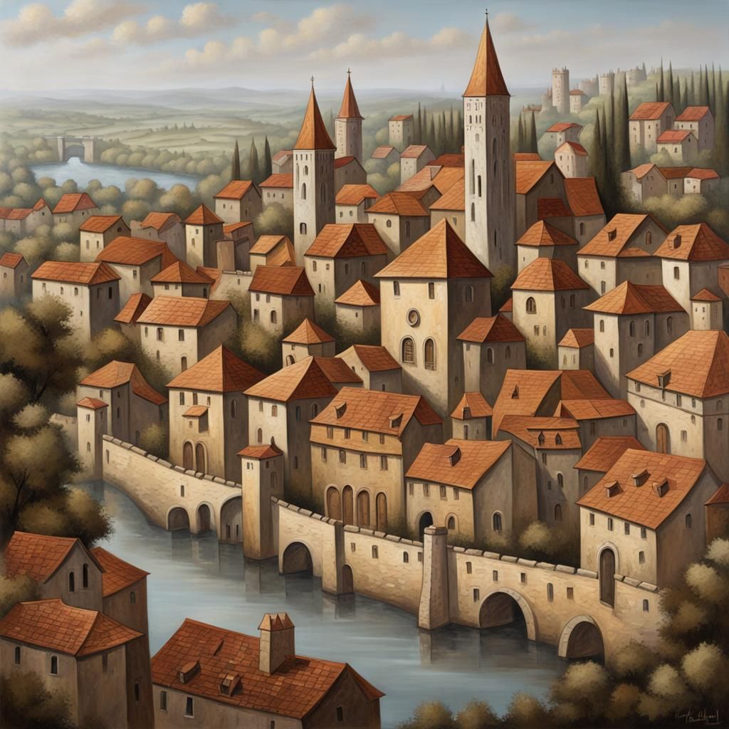 Medieval City View Inspired by Historical Masters