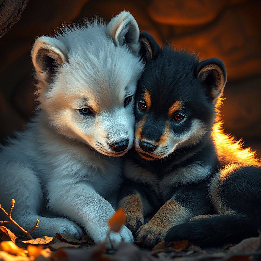 Fluffy Wolf Pups Nuzzle in Cozy Den