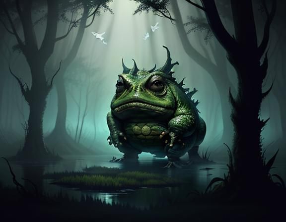 Bullywug in Misty Swamp: Dark Fantasy Illustration