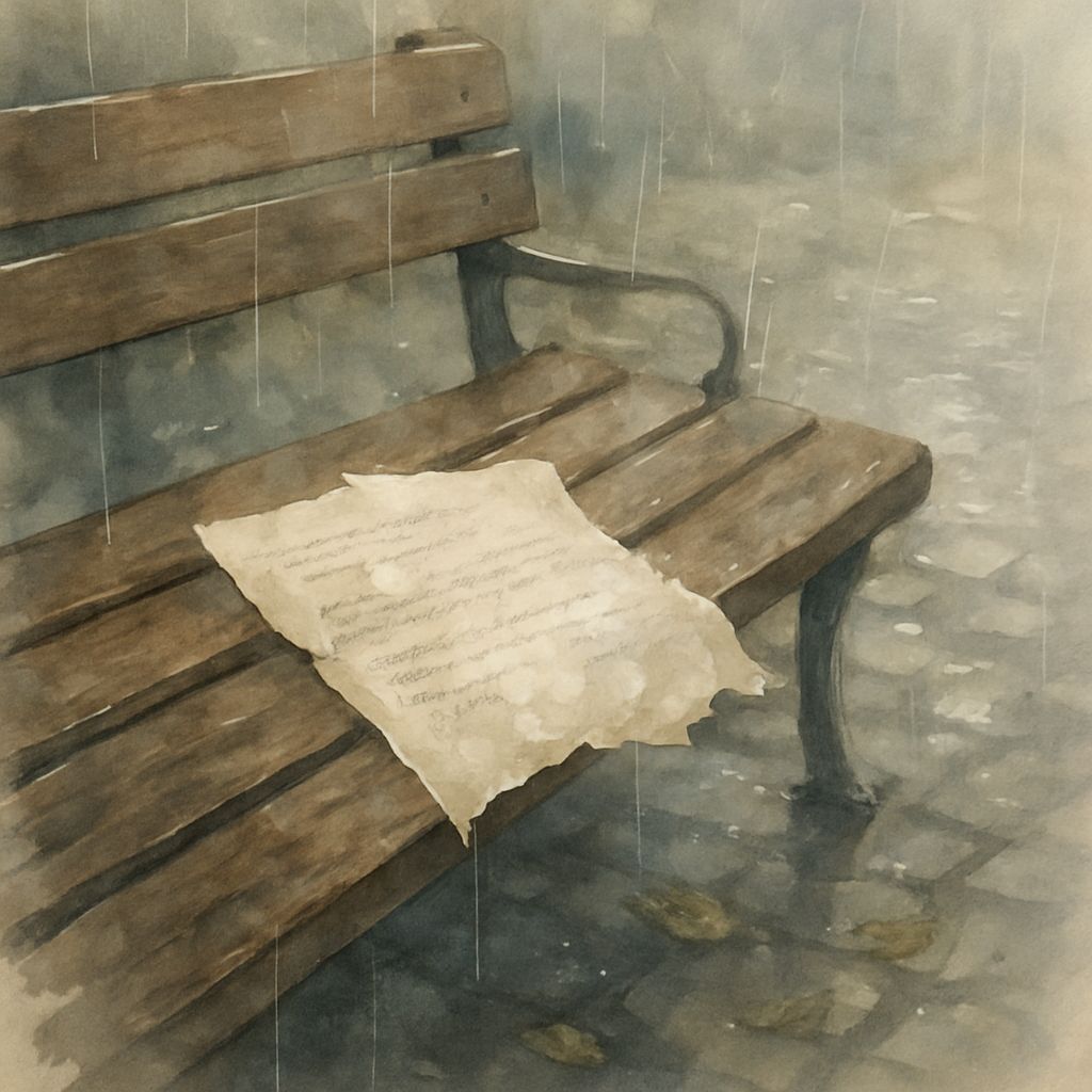 Rain-Soaked Letter on a Bench in Watercolors