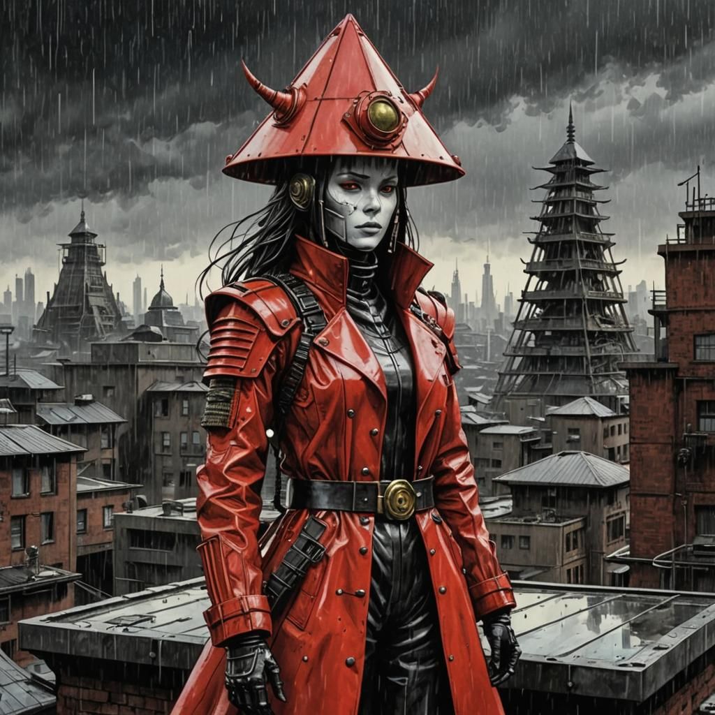 Cyborg Samurai in Biopunk Style on Rooftop