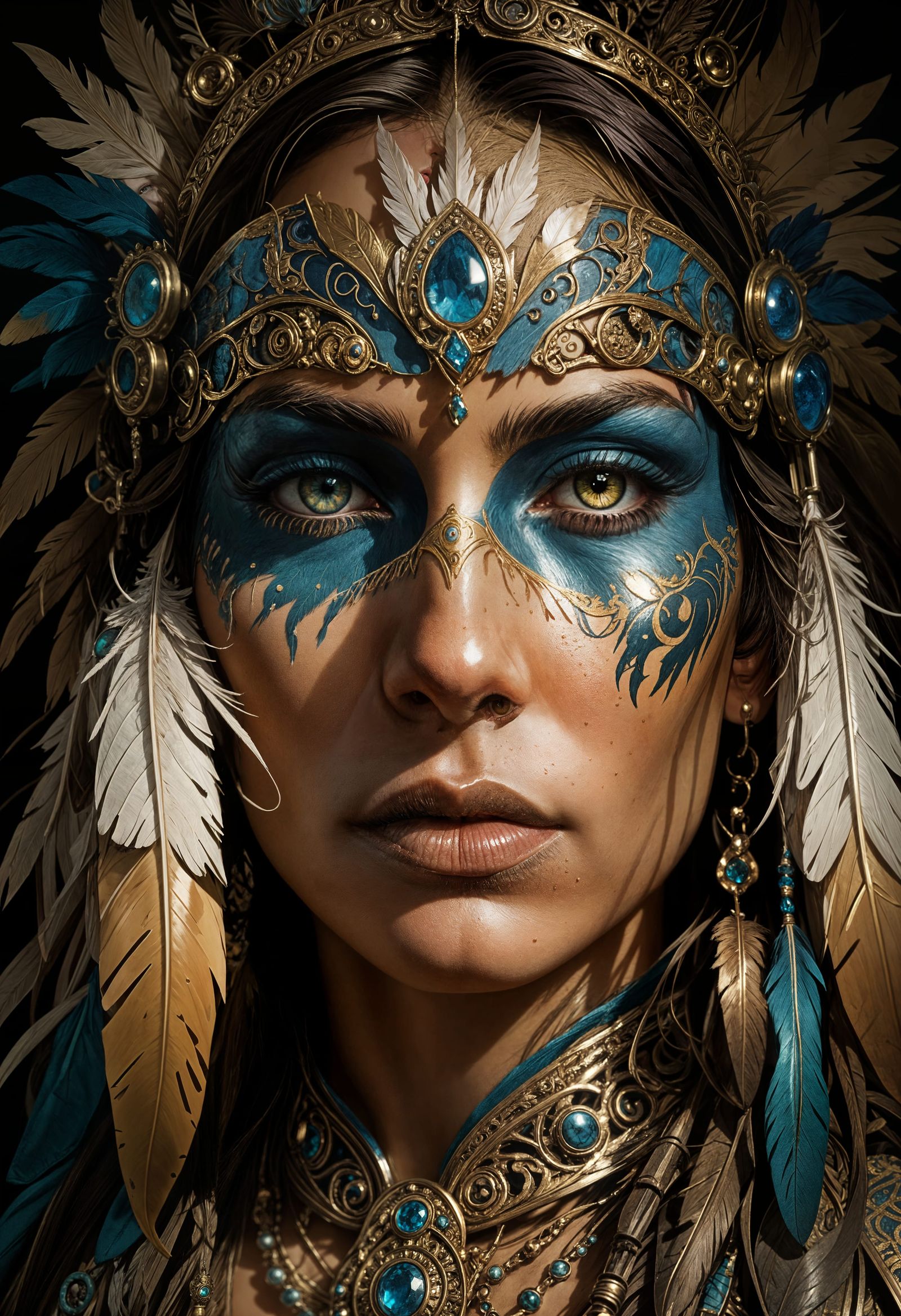 Dramatic Portrait of Woman with Feathered Headdress and Face...