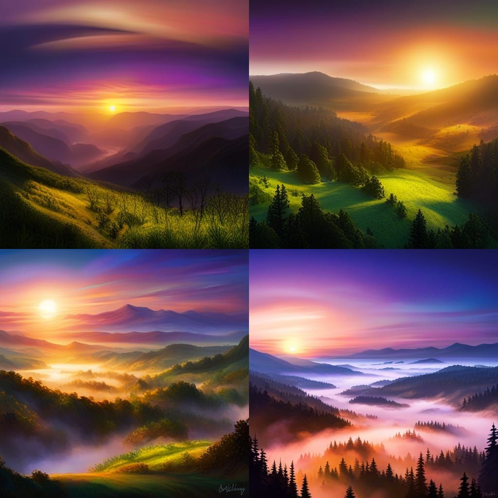 Hyperrealistic Sunset Over Hills and Forest