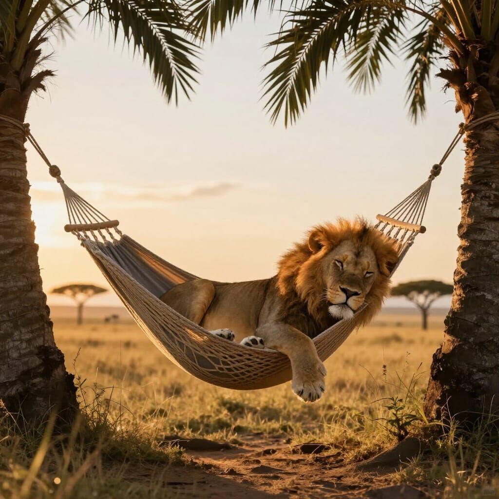 Lion Napping in Hammock at Golden Sunset