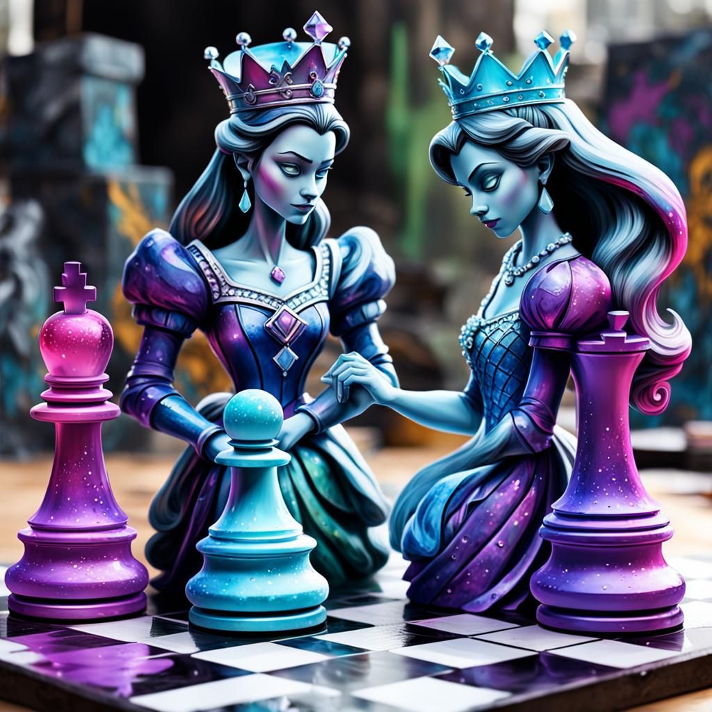 Crystalline Disney Chess Pieces in Graffiti Art Style