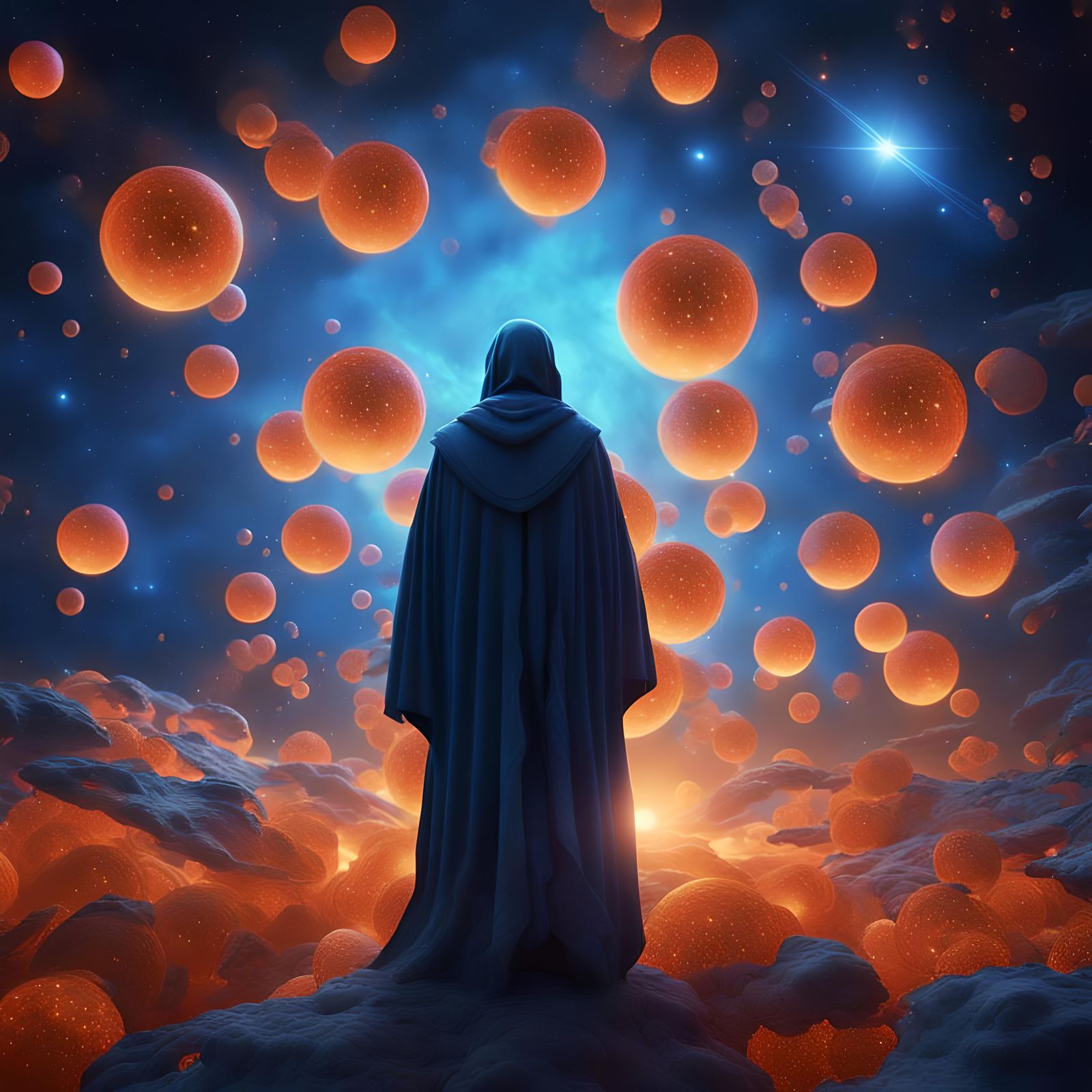 Dreamlike Celestial Figures Visit in Detailed Matte Painting