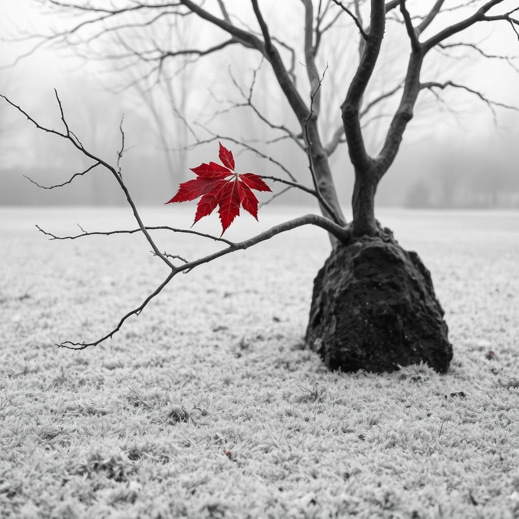 Monochromatic Autumn Leaf on Frozen Branch