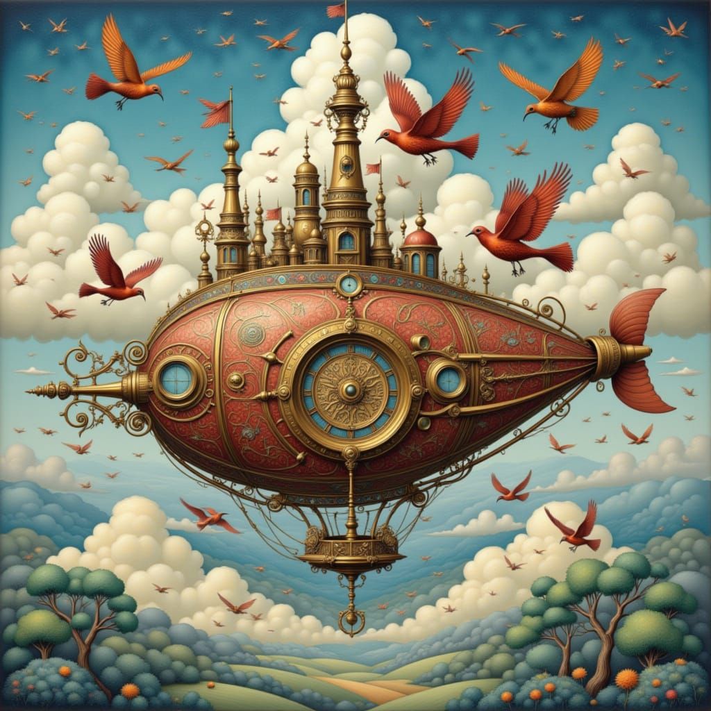 Steampunk Airship in Klimt Style Over Floating Islands