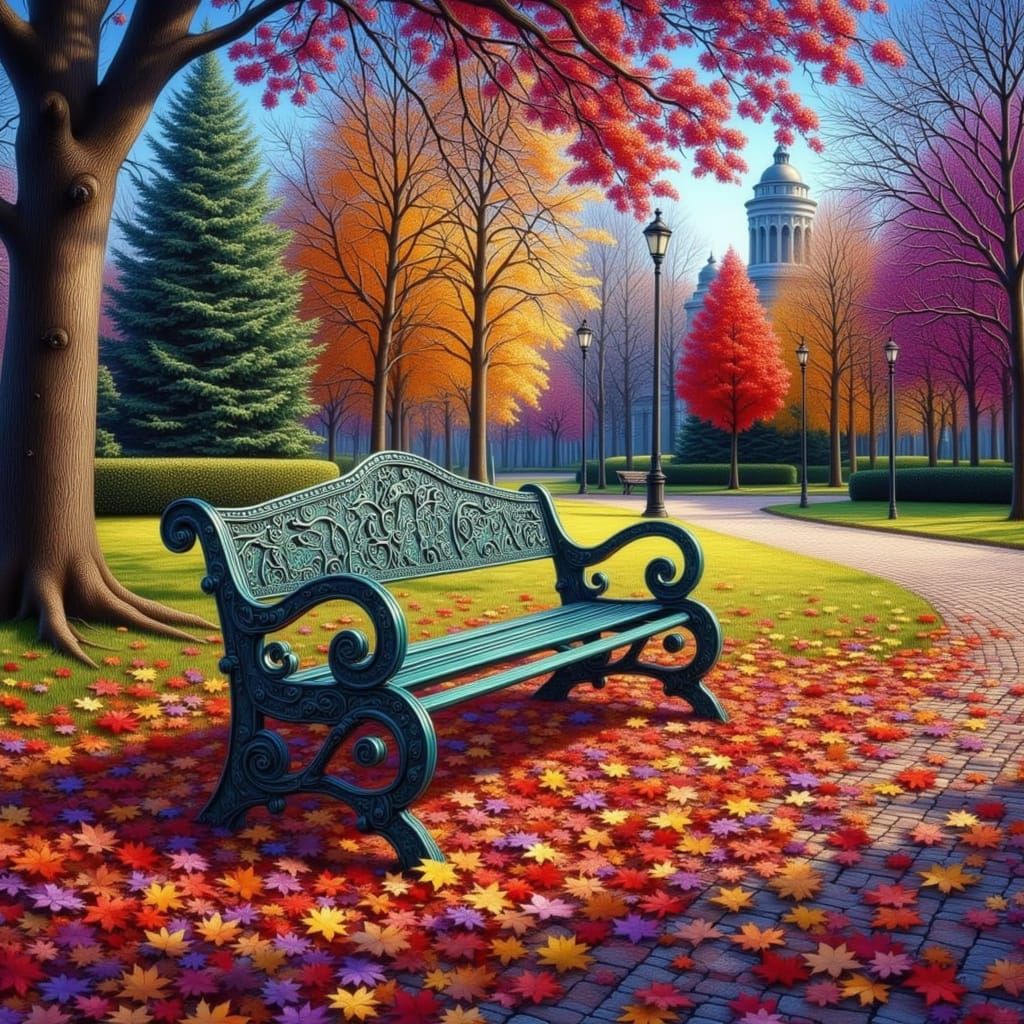 Autumn Park Scene with Wrought-Iron Bench and Colorful Leave...
