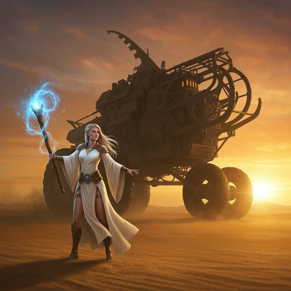 Elven Witch in Golden Desert at Sunset