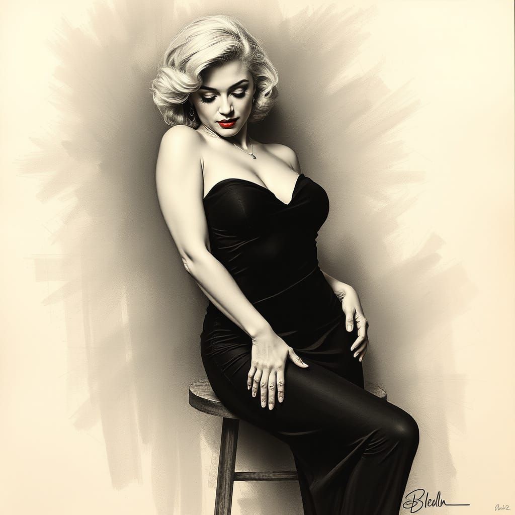 Sultry 1950s Pin-Up Girl in Charcoal Drawing