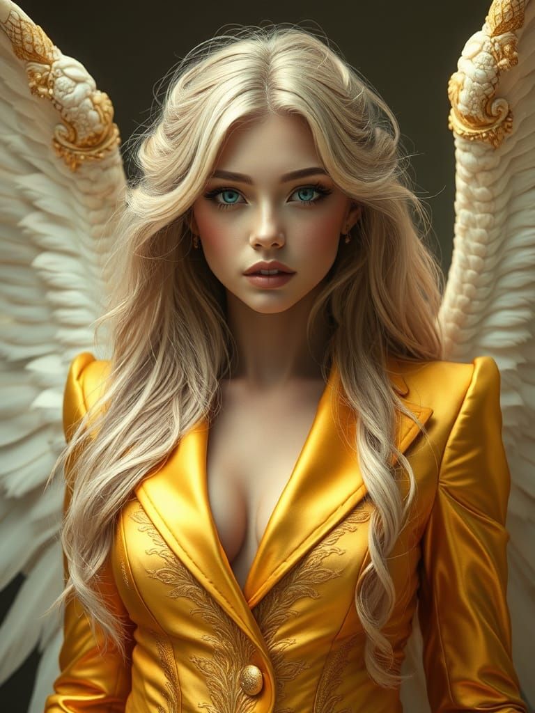 Fallen Angel in Golden Suit: Hyperrealistic Digital Art