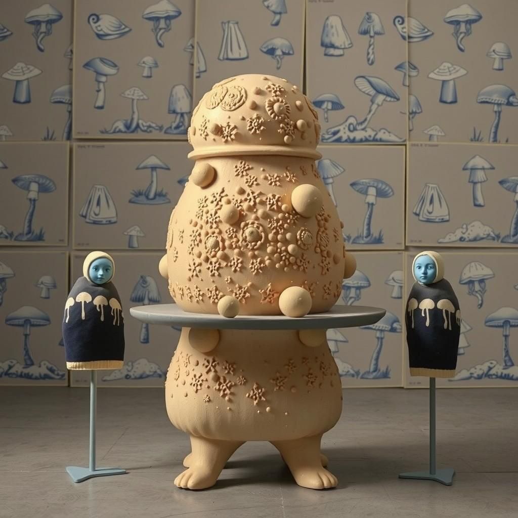 Mushroom Workers Tend Giant Fungi in Dreamlike Linocut Print