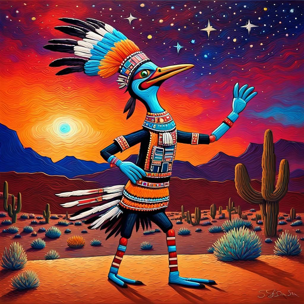 Roadrunner Kachina Dances: Vivid Impasto Oil Painting