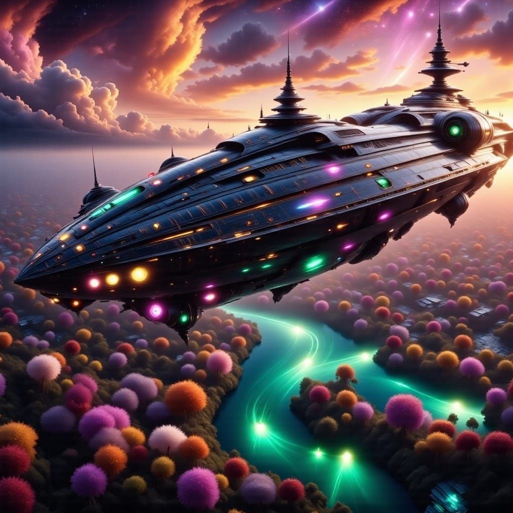 Massive Spacecraft Orbits Earth-like Planet in Sci-Fi Style