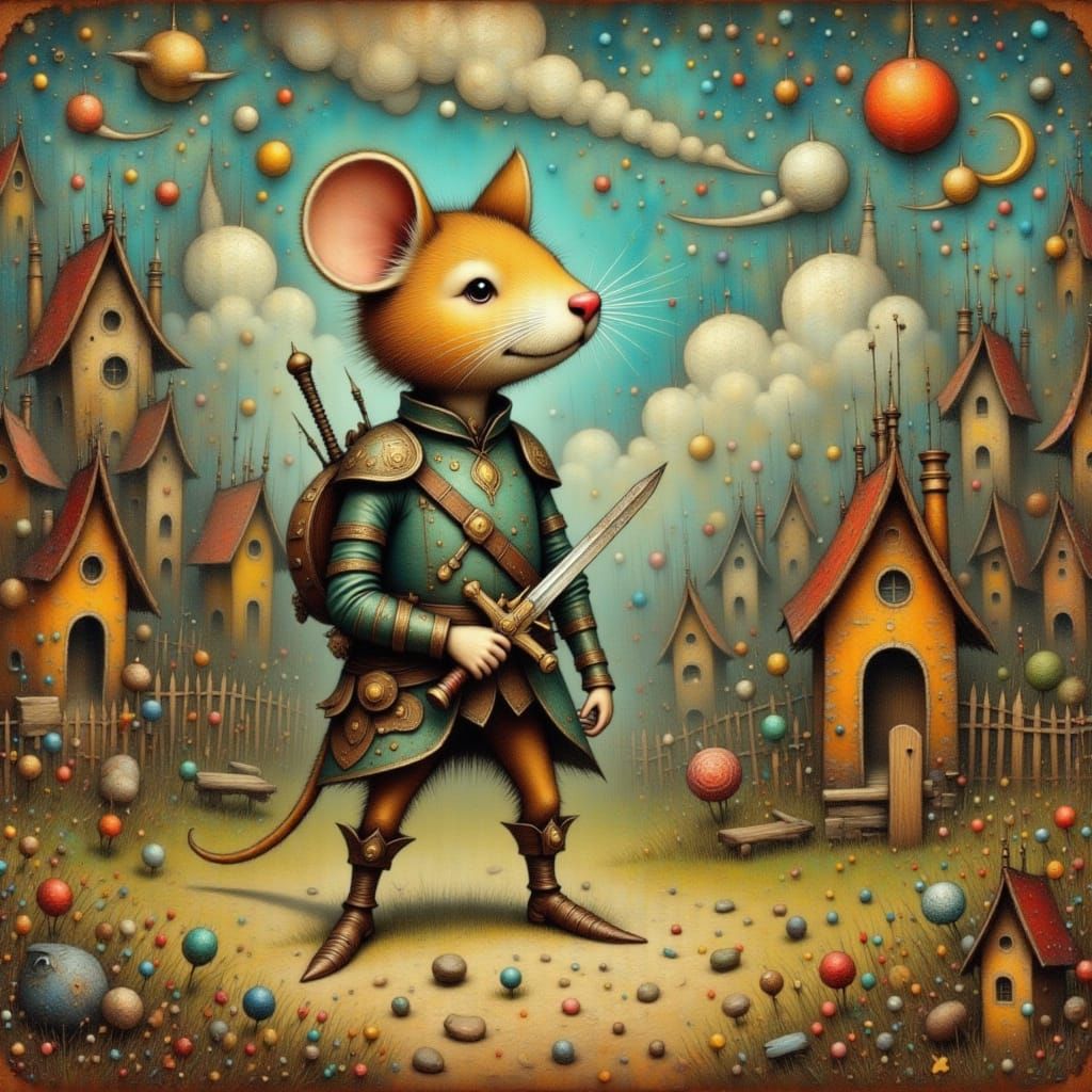 Whimsical Mouse Warrior in a Mysterious Land