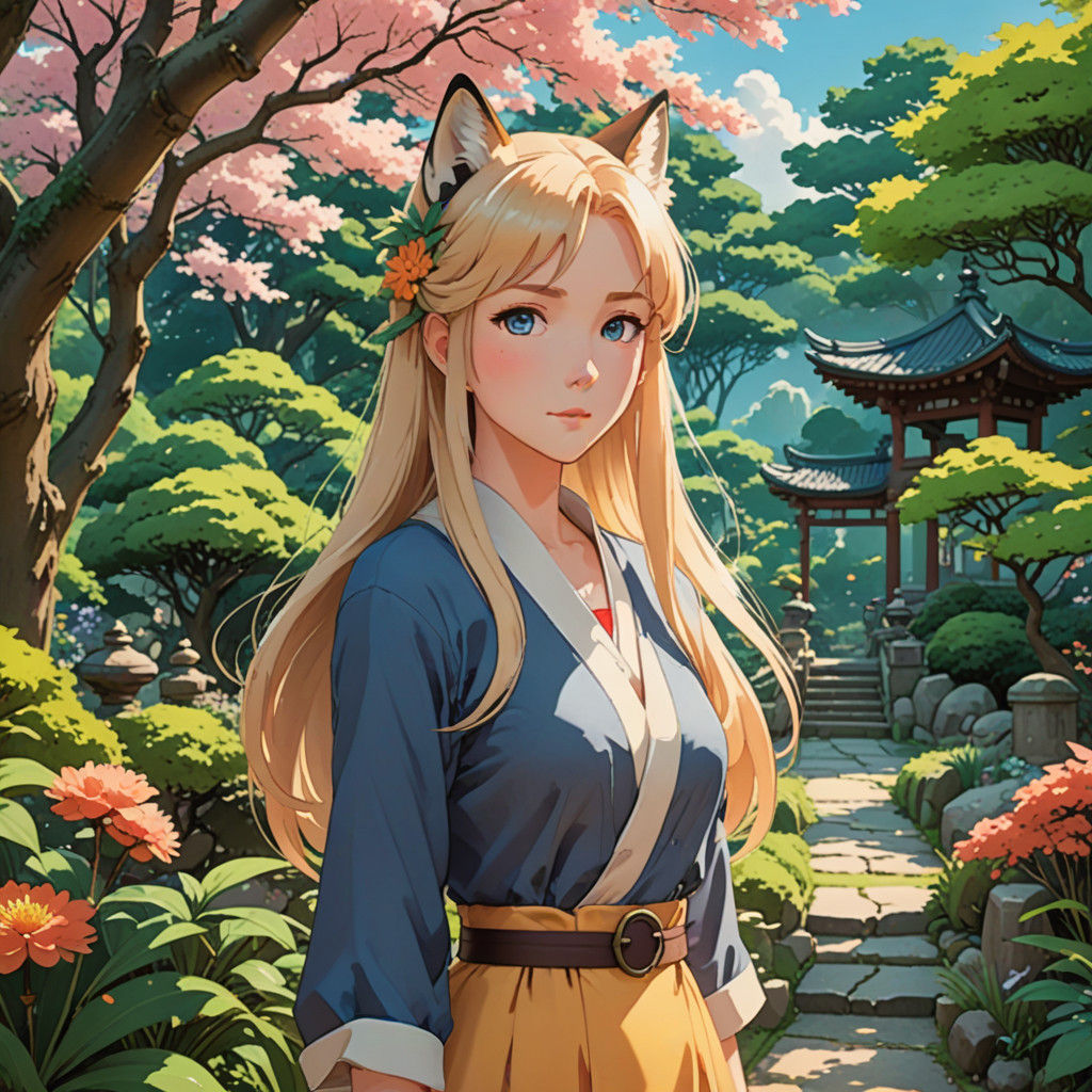 Elegant Anime Girl in Vibrant Japanese Garden