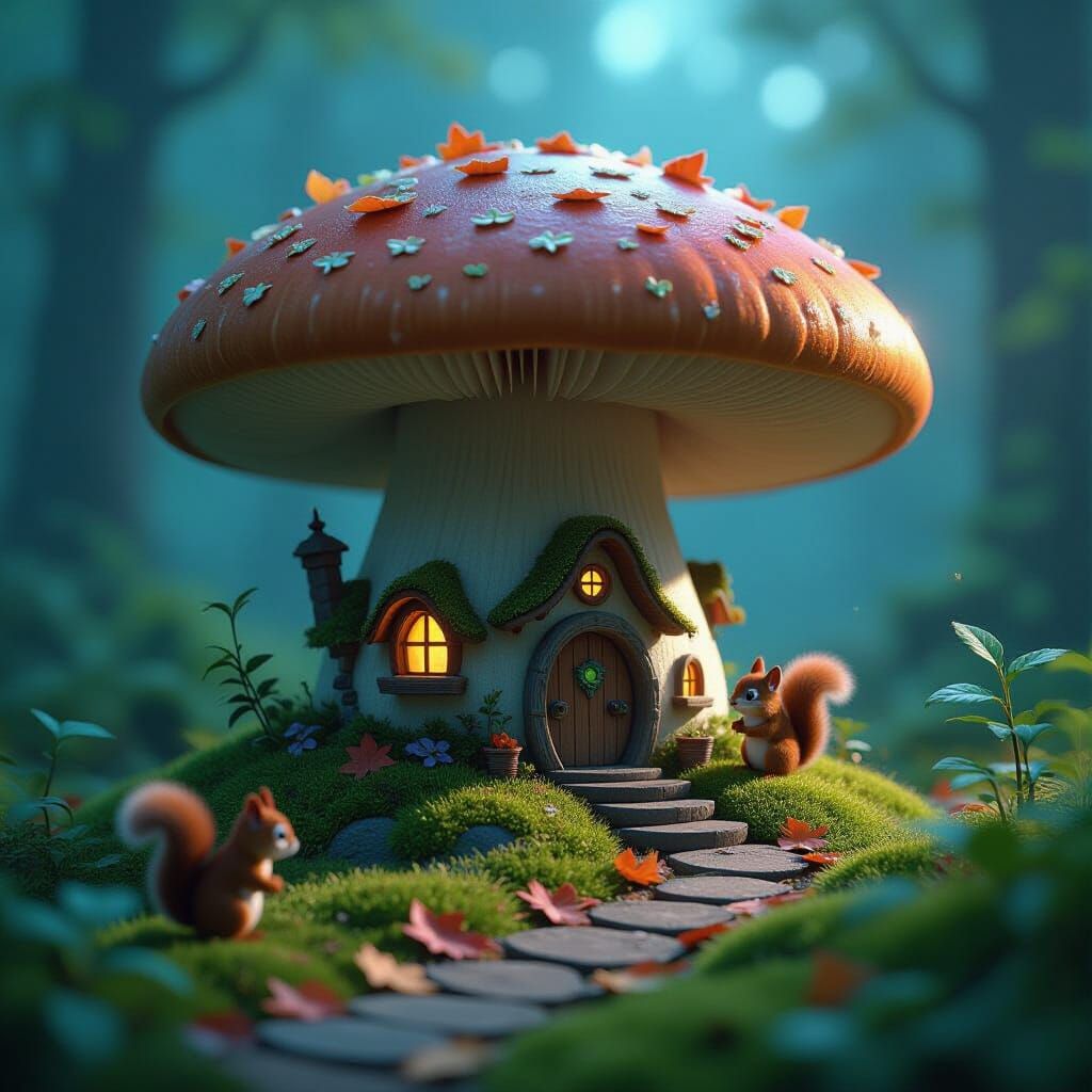 Whimsical Mushroom Village with Bioluminescent Fungi