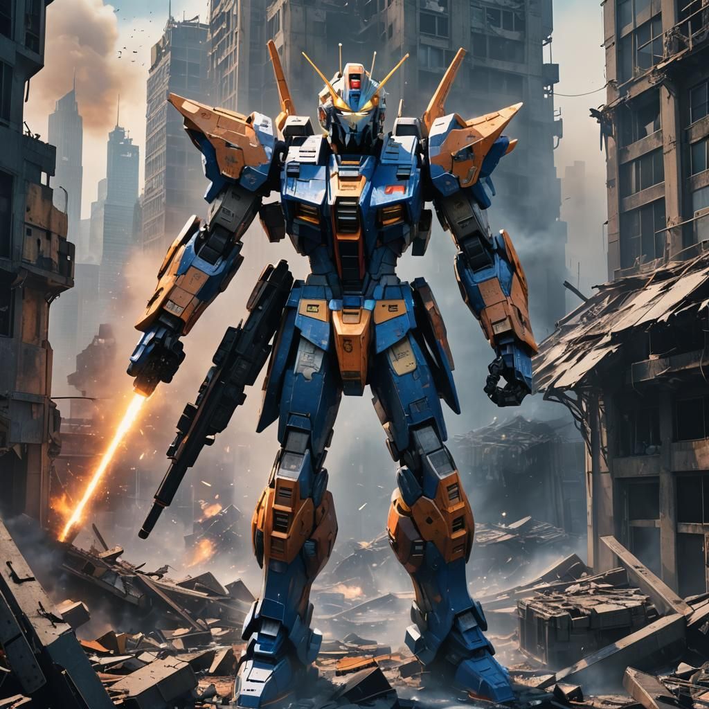 Gundam in Ruined Cityscape: Matte Painting