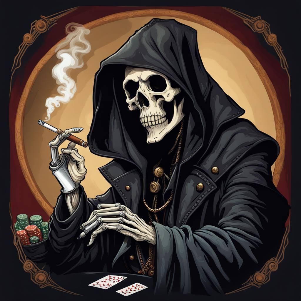 Grim Reaper in Steampunk Playing Poker