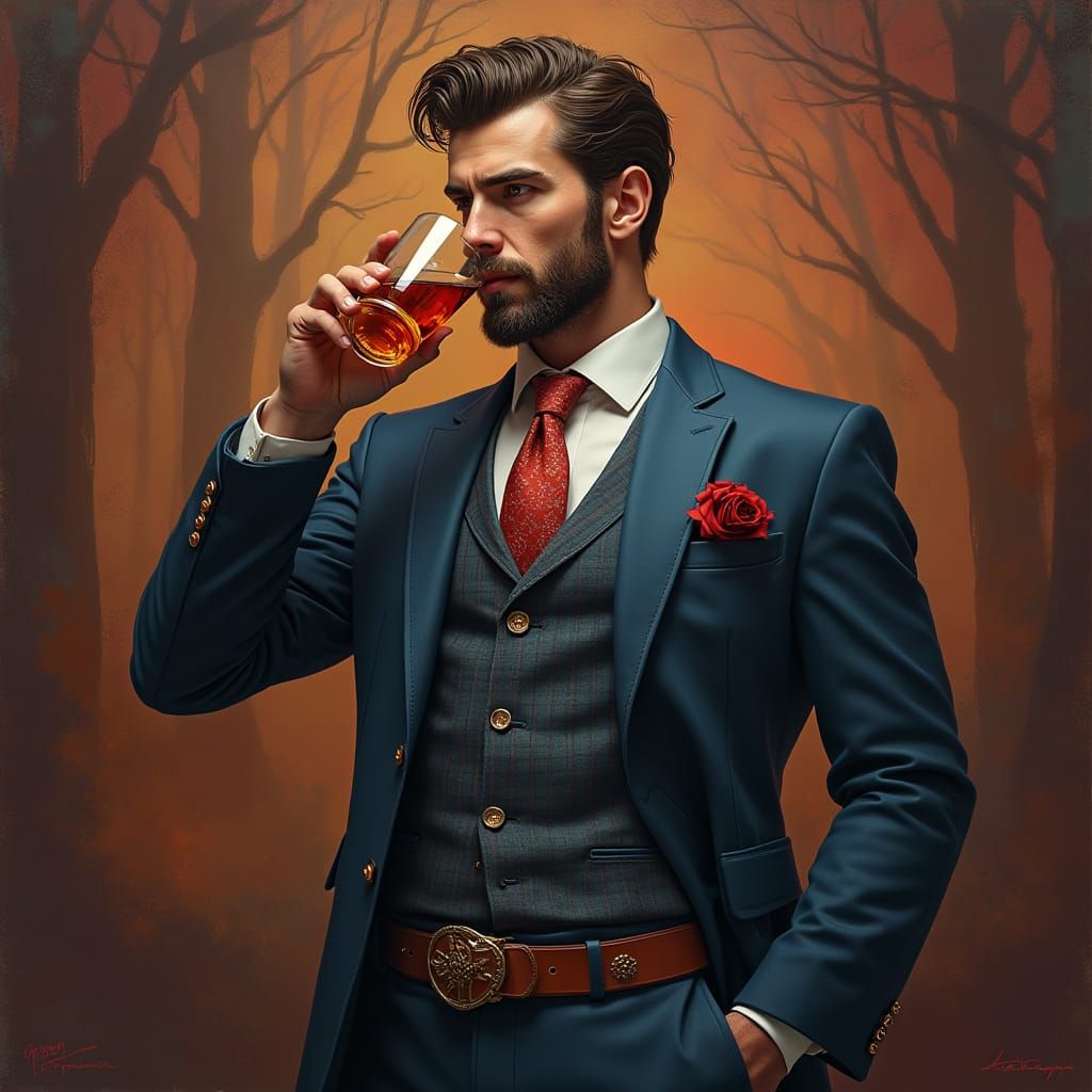 Elegant Gay Man in Luxurious Suit, Sipping Scotch