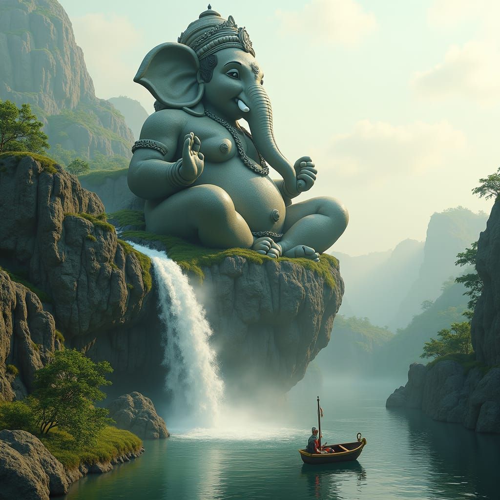 Surreal Lord Ganesh Landscape with Waterfall