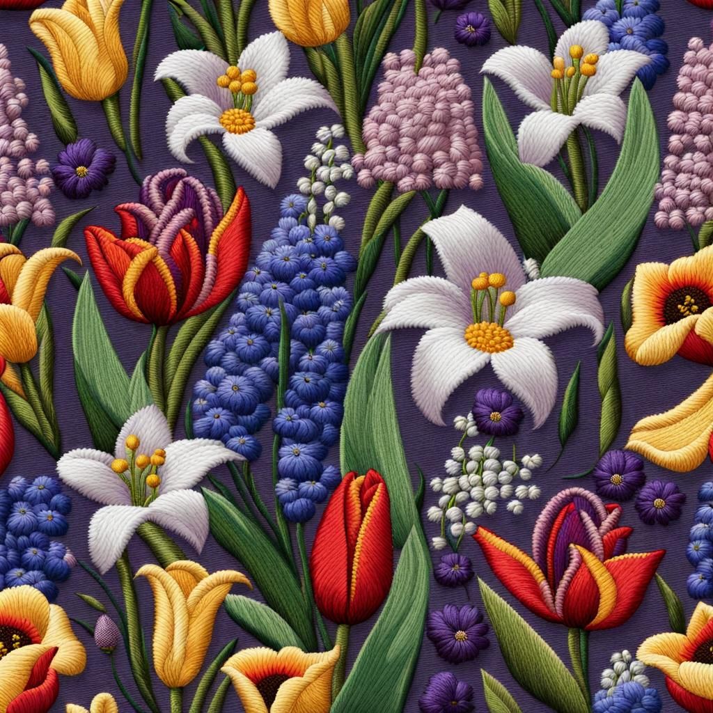 Colorful Embroidered Floral Bouquet with Spring Flowers