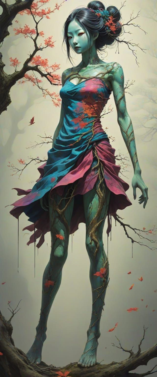 Surreal Tree Woman in Onryo-e Style