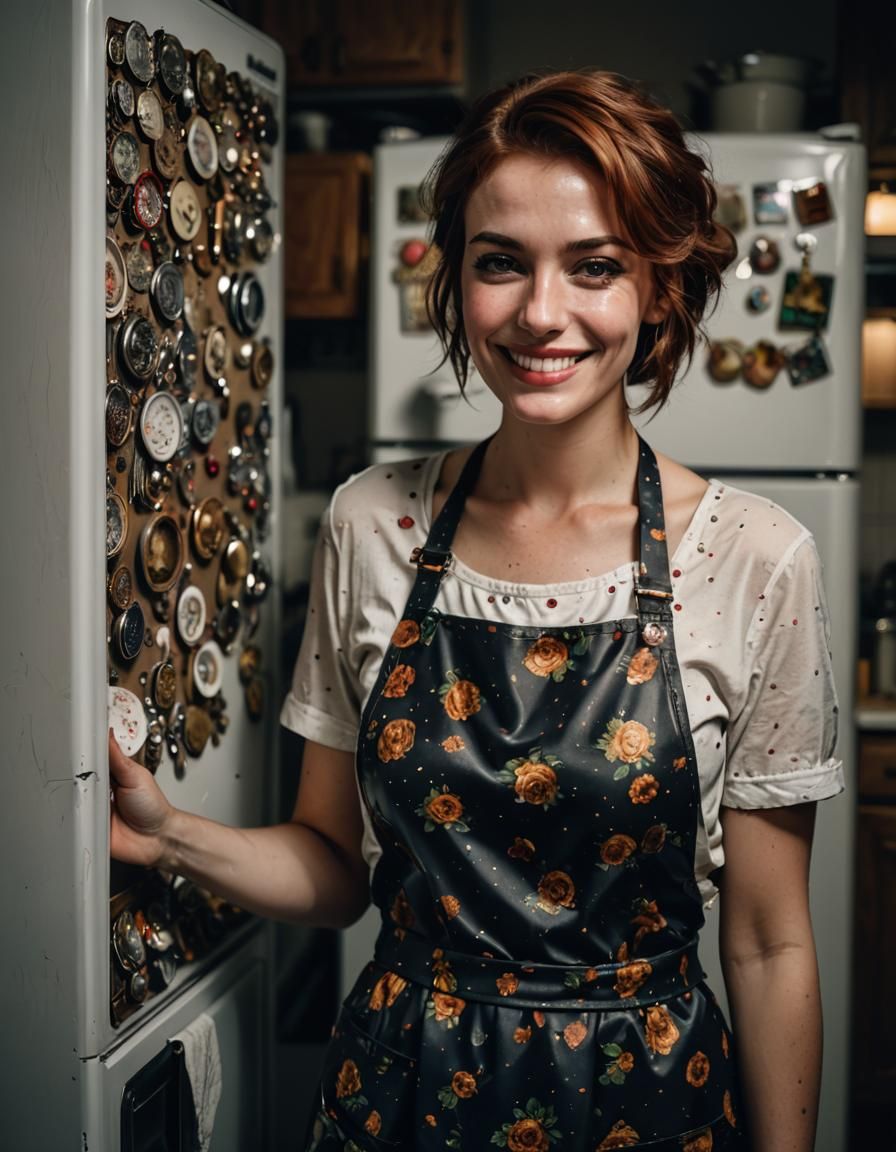 Smiling Woman in Kitchen at Night, Photorealistic Image