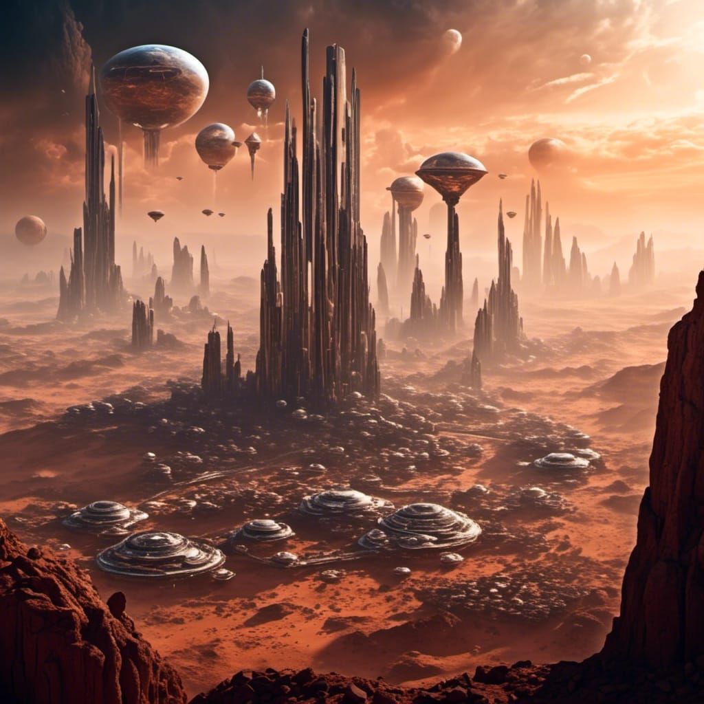 Futuristic Metropolis City in the Sky on Mars