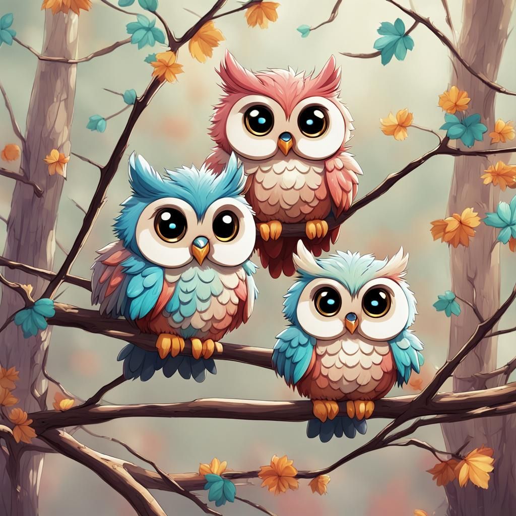Cute Chibi Owls on Branch in Anime Style