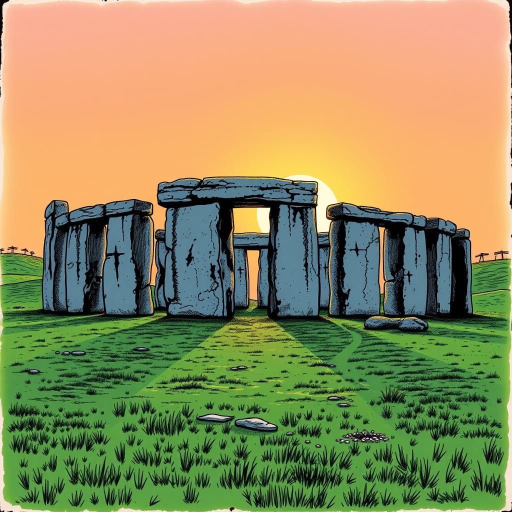 Stonehenge Sunset in Ink Art Style