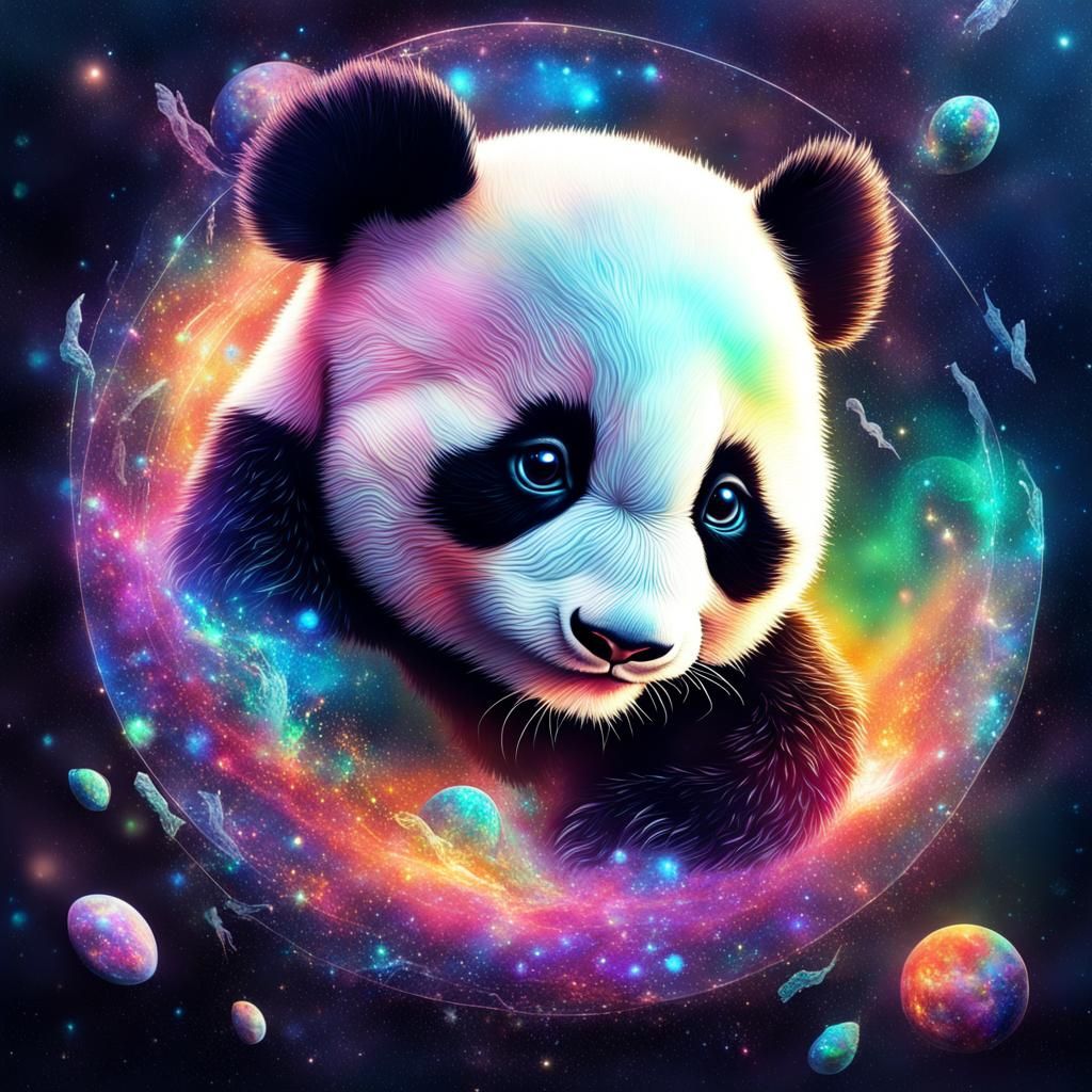 Baby Panda in Cosmic Astral Holographic Illustration