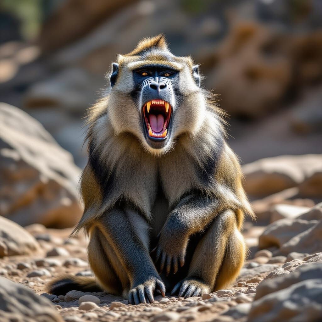 Roaring Baboon on Rocky Terrain: Photorealistic Wildlife