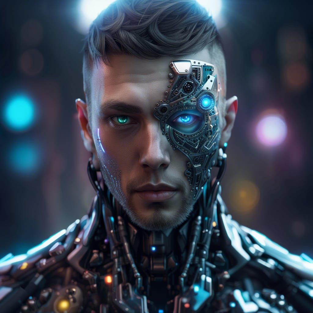 Cyberpunk Cyborg Portrait with Glowing Eyes
