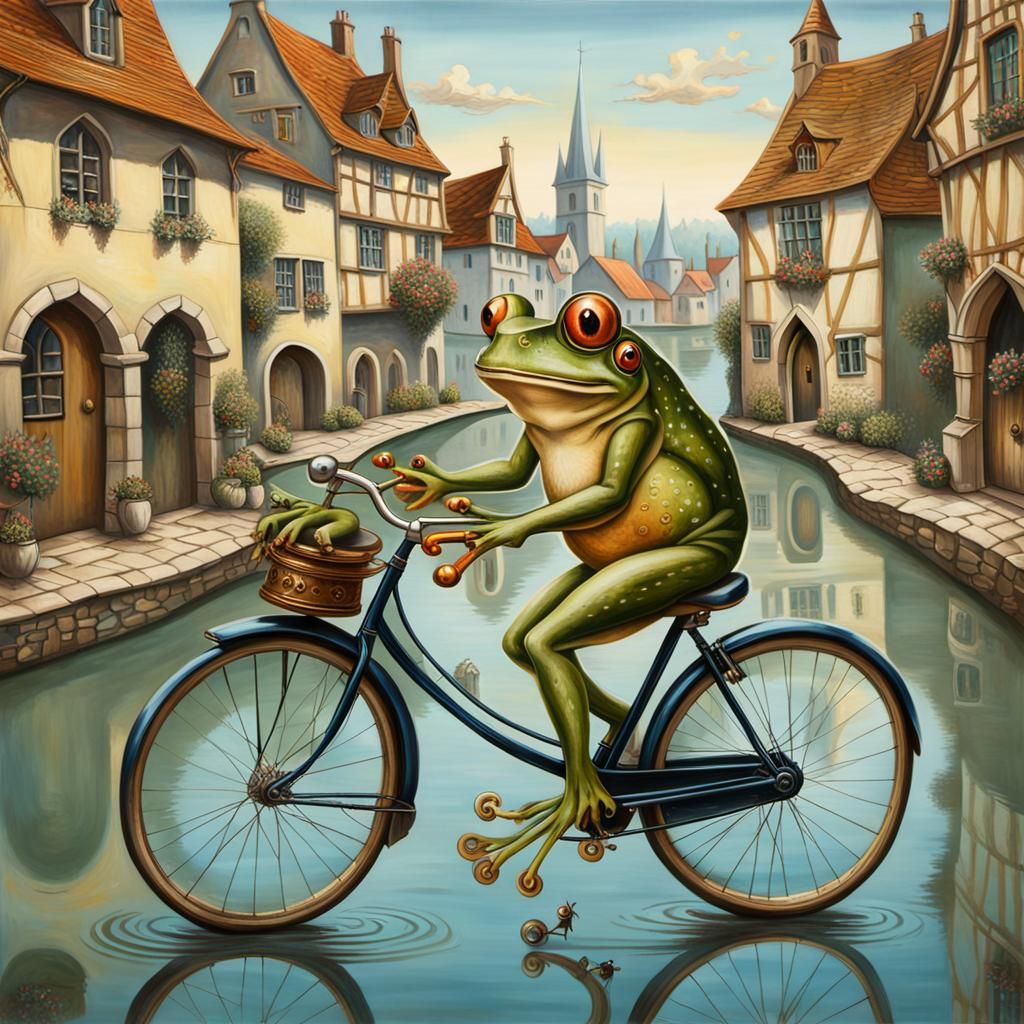 Frog on Bicycle: A Whimsical Medieval Painting