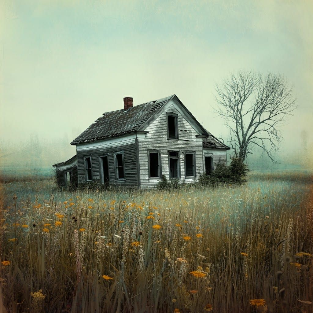 Weathered House in Overgrown Field, Haunting Beauty