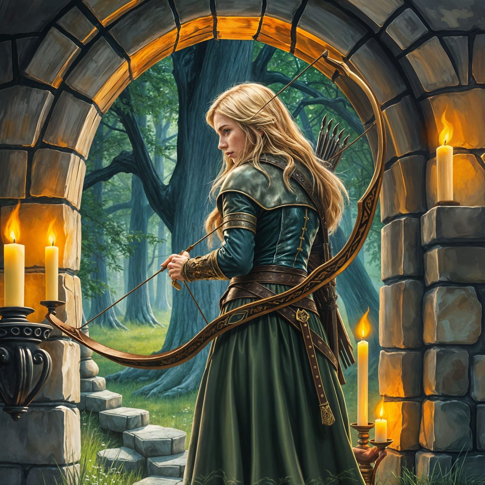 Medieval Celtic Druidess in Leather Armor, Standing in a Sum...