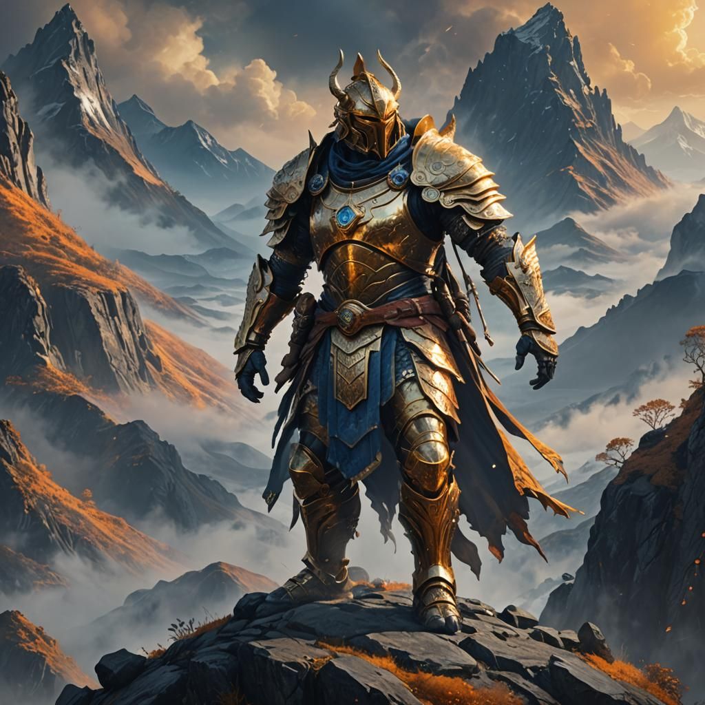 Warrior in Gold Armor on Misty Peak