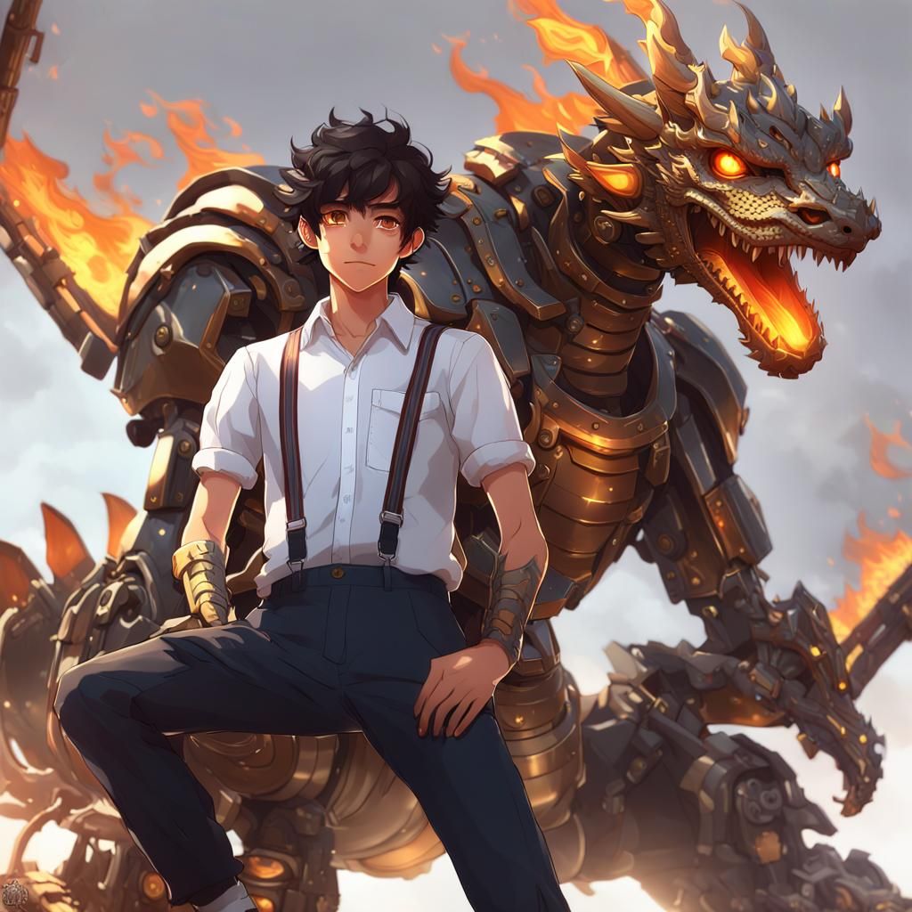 Boy on Robot Dragon: 3D Anime Art