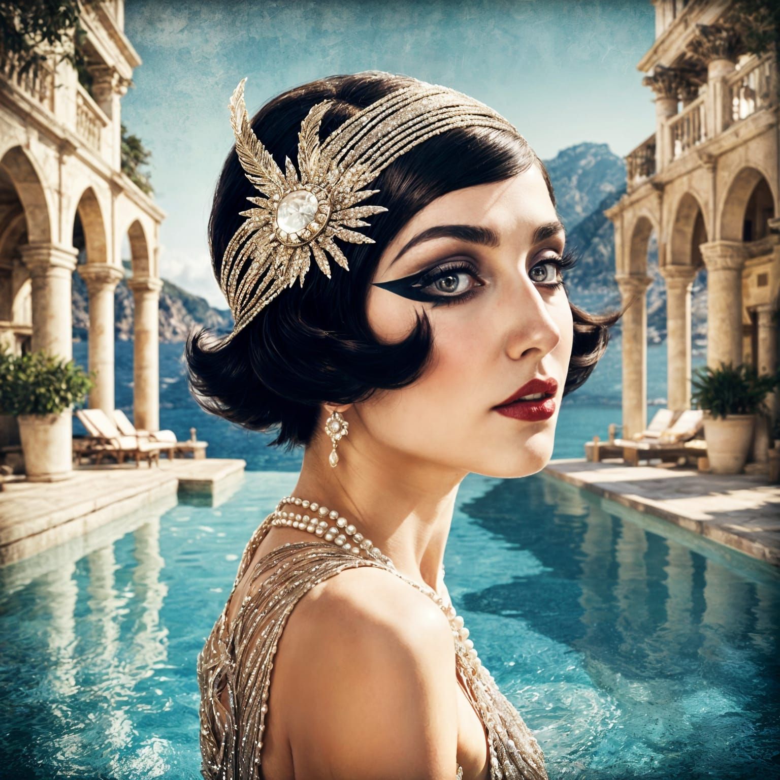 Flapper Goddess Emerges on Amalfi Coast in Gouache Style