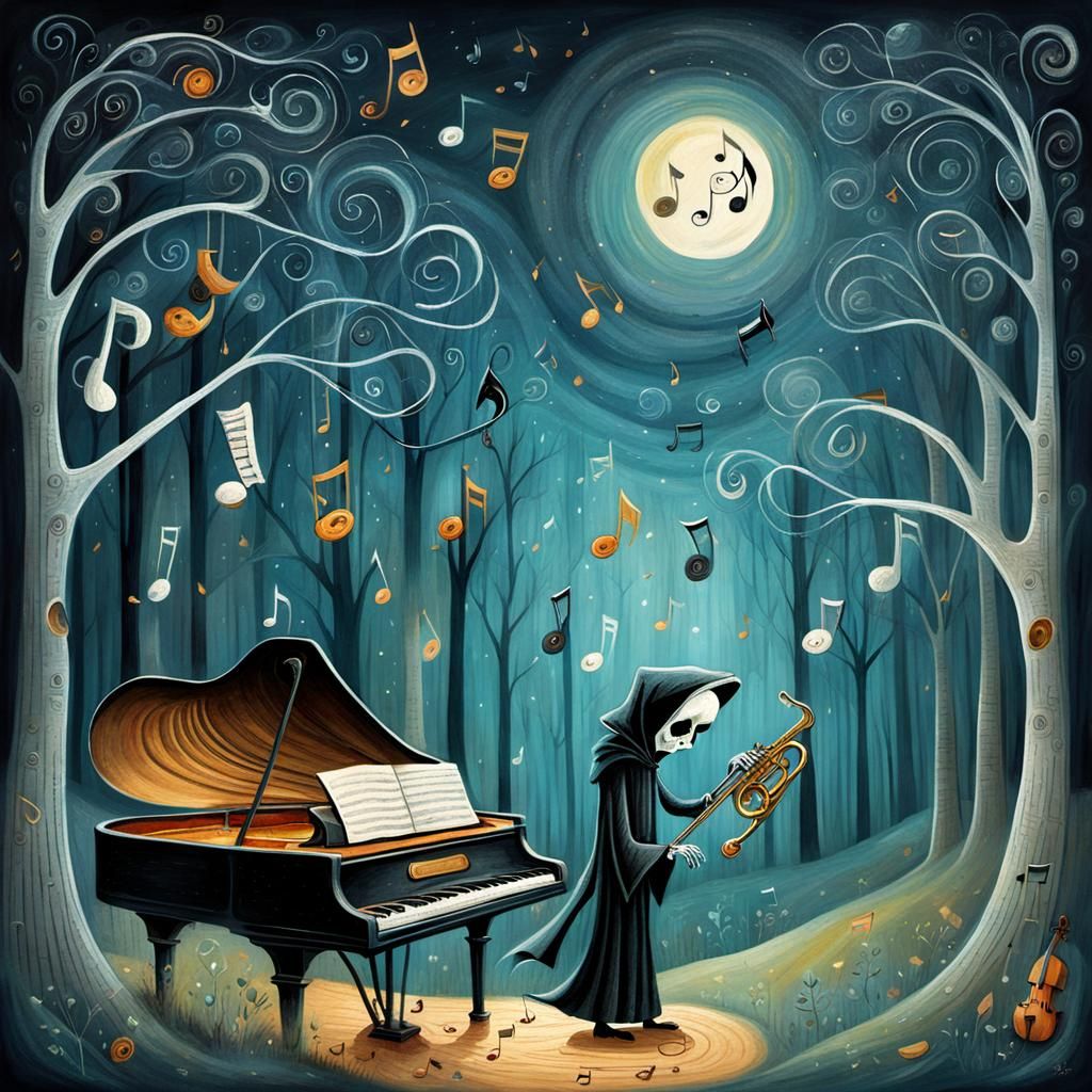 Grim Reaper's Forest Jazz Night: Whimsical Illustration