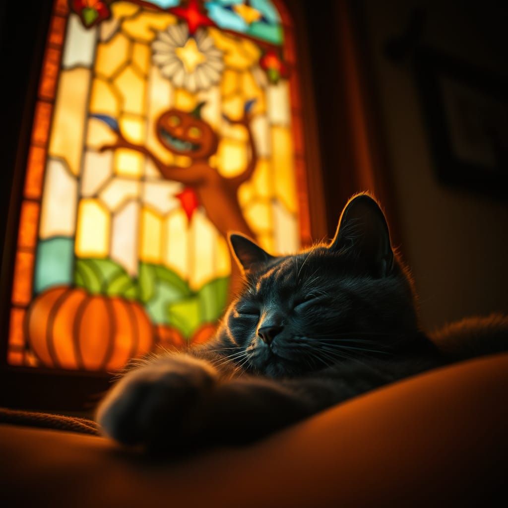 Russian Blue Cat Dreams by Halloween Window