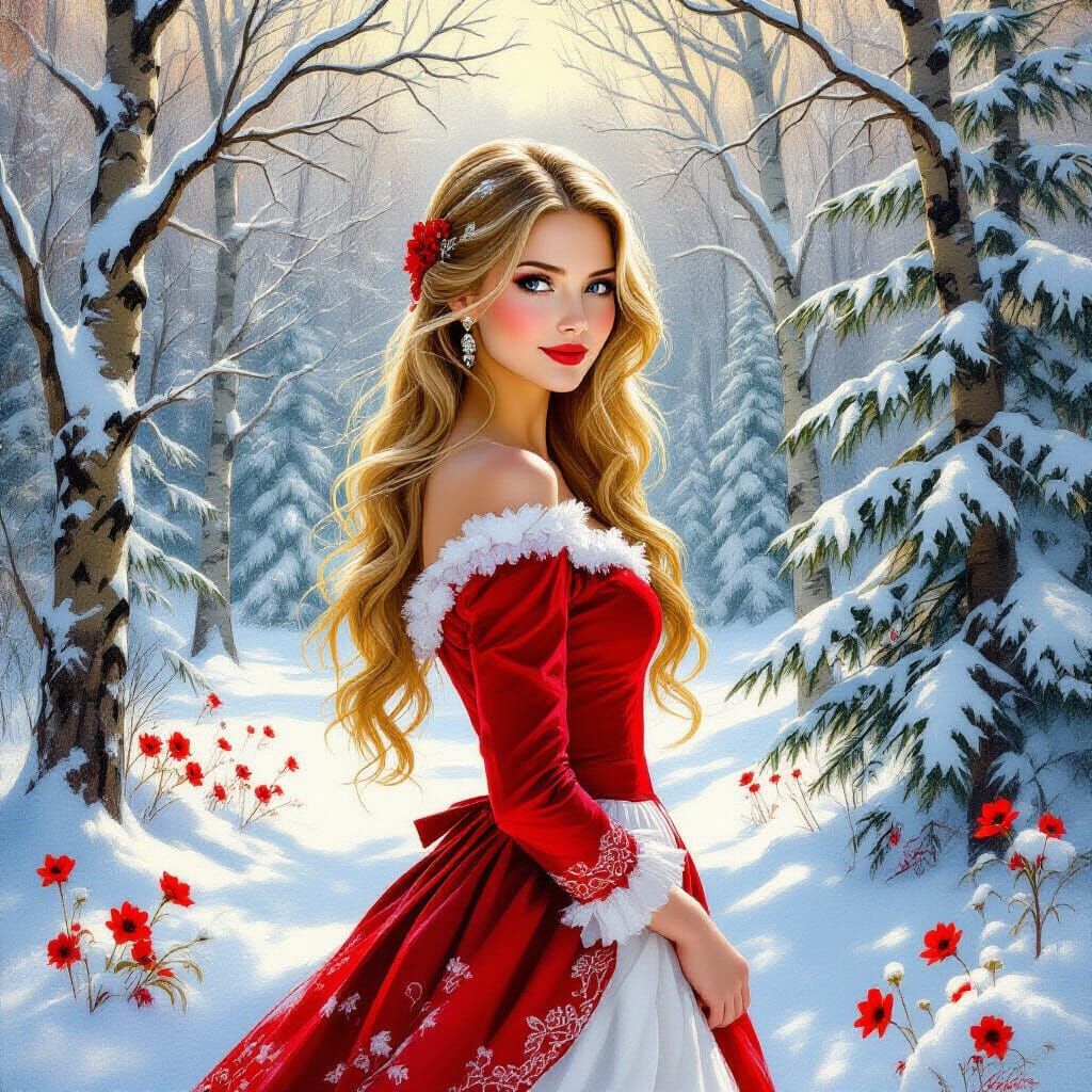 Vibrant Winter Scene Portrait: Woman in Snowy Forest