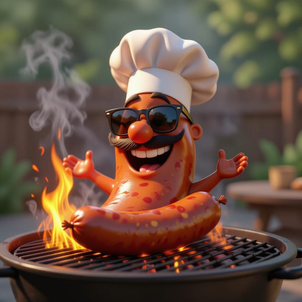 Jovial Chorizo Sizzling on Grill in Pixar Style