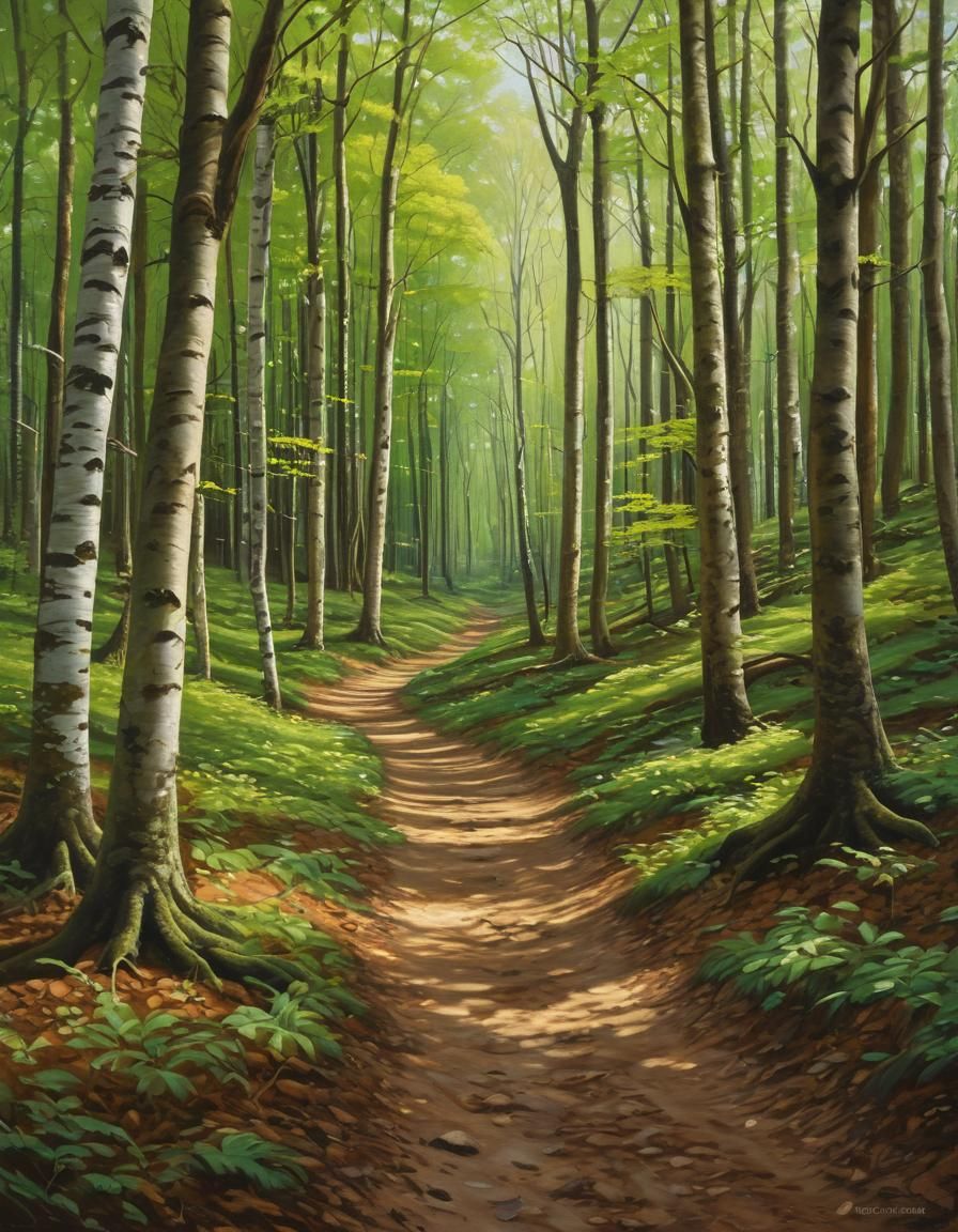 Spring Beech Forest Path in Oil Painting Style