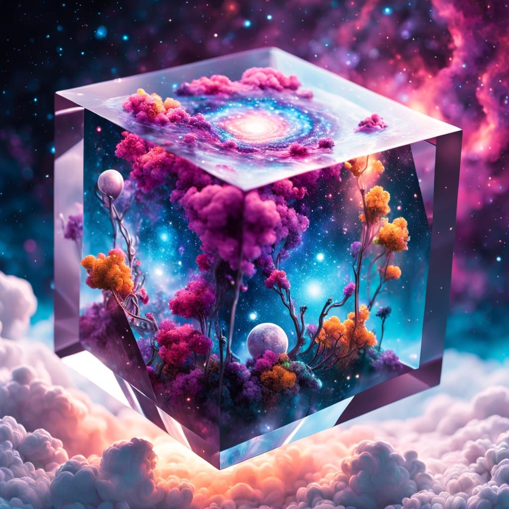 Surreal Cosmic Cube in Vibrant, Glowing Detail